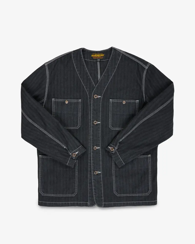 10.5Oz Herringbone Collarless Chore Jacket - Black Overdyed Black 1