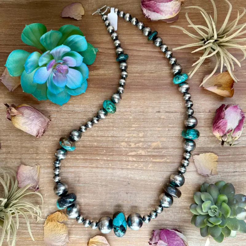 29” Massive Turquoise Rondelle Necklace – Sterling Silver Pearls 1