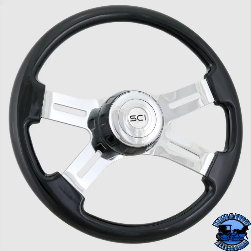 501-3090-77502 Steering Creations 16" Classic Black Painted Wood Rim, Chrome 4-Spoke W/Slot Cut Outs, Black Bezel Wheel 1