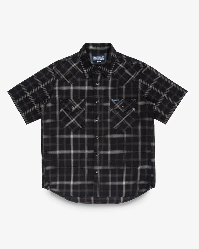 5Oz Selvedge Short Sleeved Madras Check Western Shirt - Black 1