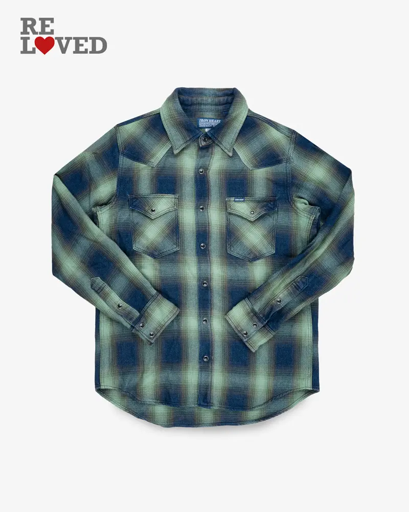 9Oz Selvedge Ombré Check Western Shirt - Green (Ihsh-348-Grn) Size Large 1