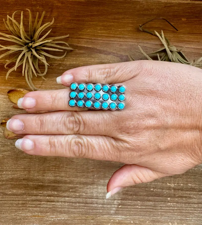 Adjustable Rectangle Ring With 21 Kingman Turquoise – Sterling Silver 1