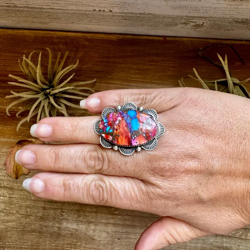 Adjustable Ring – Pink Dahlia Stone – Sterling Silver – Tia Long Navajo Handmade 1