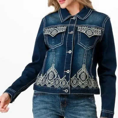 Aztec Border Embroidered Stretch Denim Jacket At Bourbon Cowgirl 1