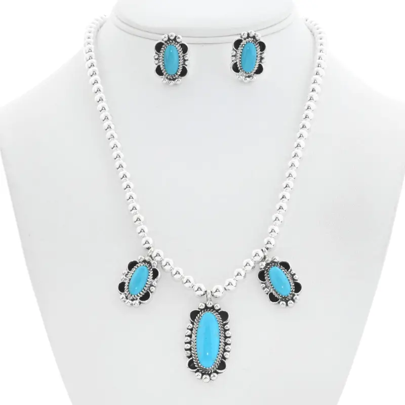 Beaded Turquoise Silver Pendant Necklace Earring Set 1