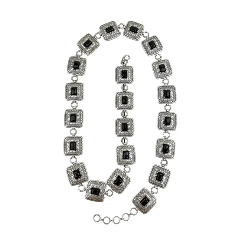 Black Stone & Silver Square Chain Link Western Belt For Cowgirls 1