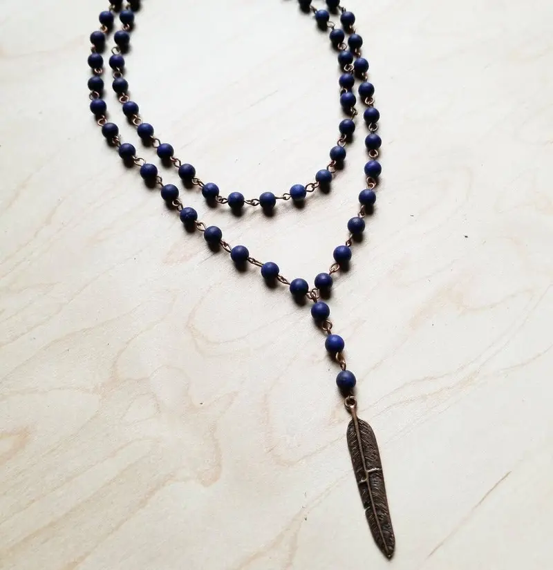 Blue Lapis Double Strand With Copper Feather Necklace -Boho Western Cowgirl Jewelry 1