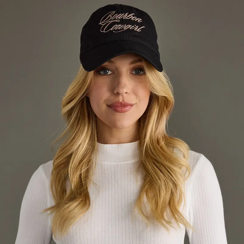 Bourbon Cowgirl Script Embroidered Baseball Hat - Black 1