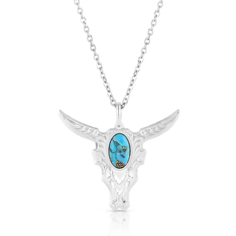 Chiseled Steer Head Turquoise Necklace - Montana Silversmiths 1