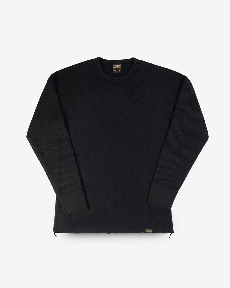 Cotton Knit Crew Neck Long Sleeved Thermal Sweater - Black 1