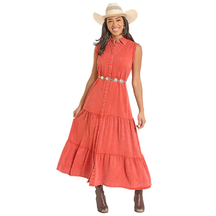Distressed Sleeveless Dress In Rust By Rock & Roll Denim At Bourbon Cowgirl 1