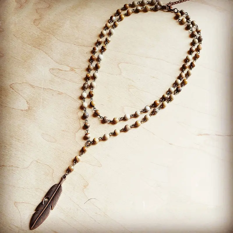 Double Strand Lariat Jasper Necklace W/ Copper Feather | Bourbon Cowgirl 1