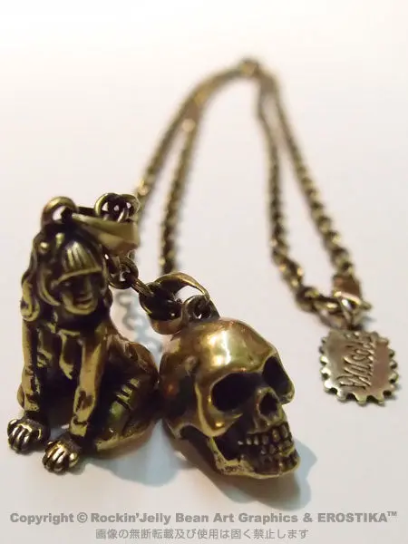 "Erostika Skull & Girl" Pendant Top & Chain -Brass- 1