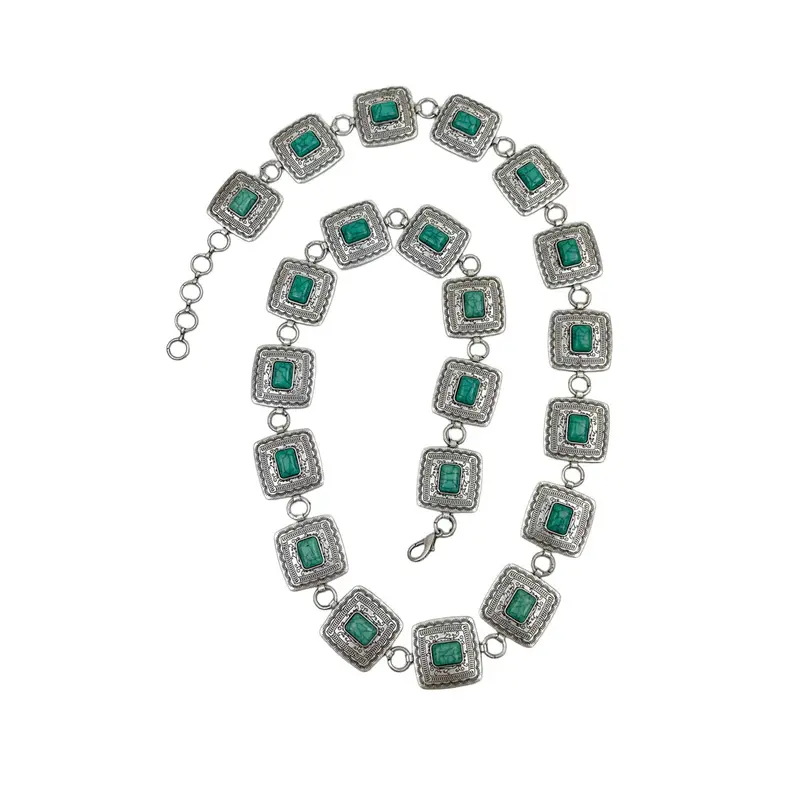 Green Stone & Silver Square Chain Link Western Belt For Cowgirls 1