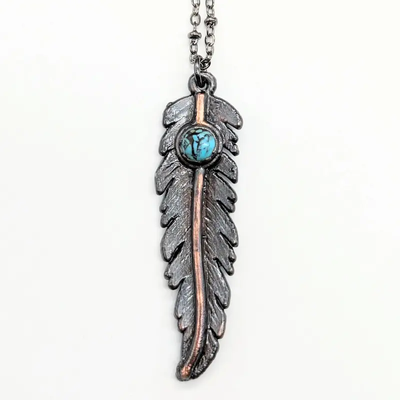 Gunmetal Feather Pendant With Turquoise Necklace 1