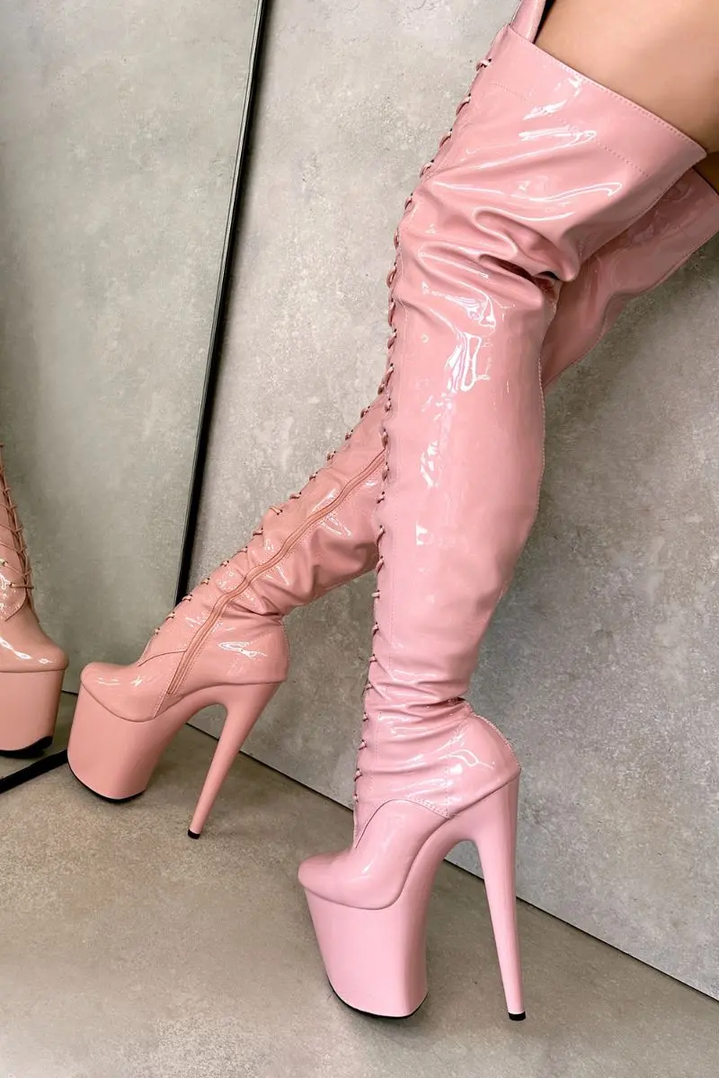 Hella Heels Lipkit Thigh High Front Lace 8Inch Boots - Candy Shop 1