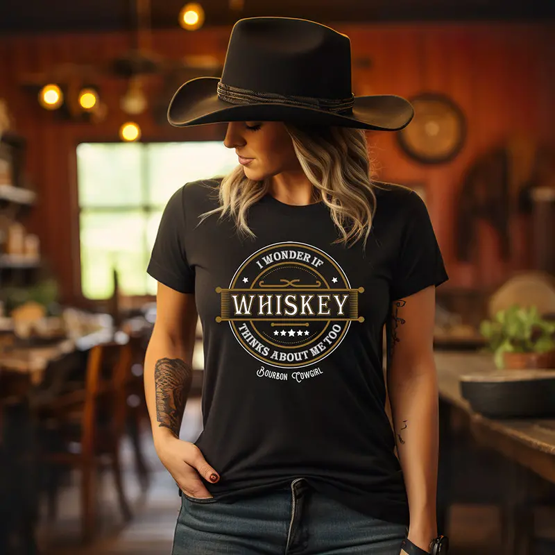I Wonder If Whiskey Thinks About Me Too Graphic Tee - Bourbon Cowgirl 1