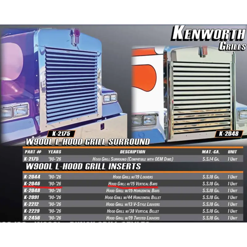 #K-2046 Hood Grill W/15 Vertical Bars (33.5) Kenworth W900l  ‘90-’26 1