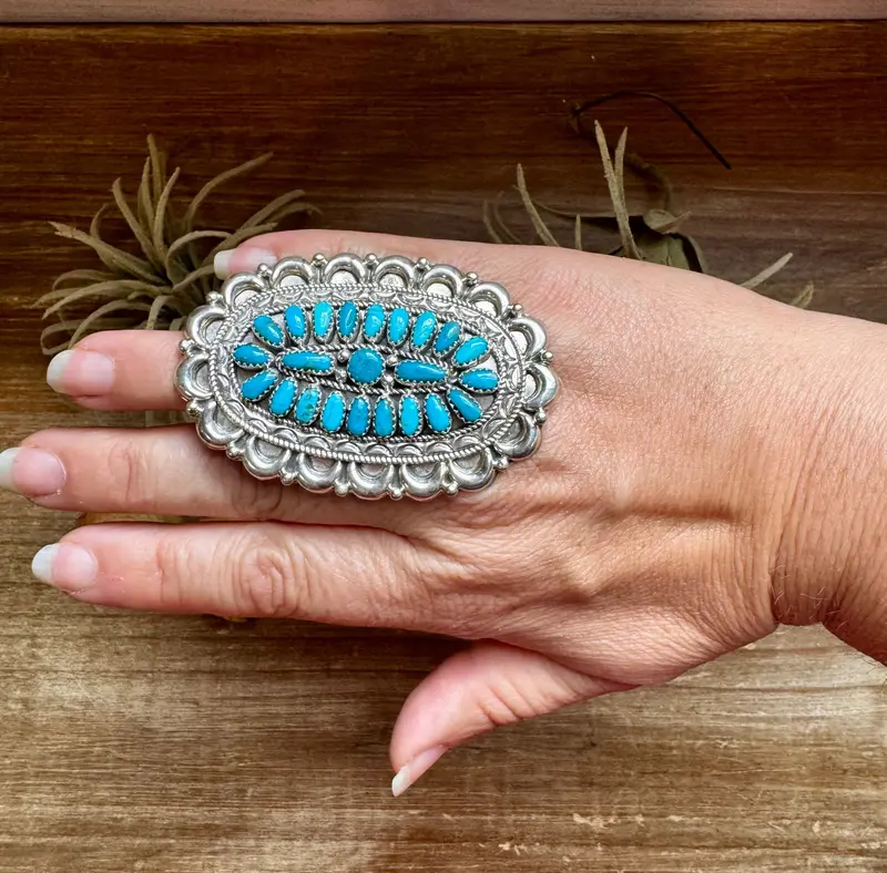 Kingman Turquoise Cluster Ring – Navajo Handmade By Jaz Wilson, Size 7.5 1