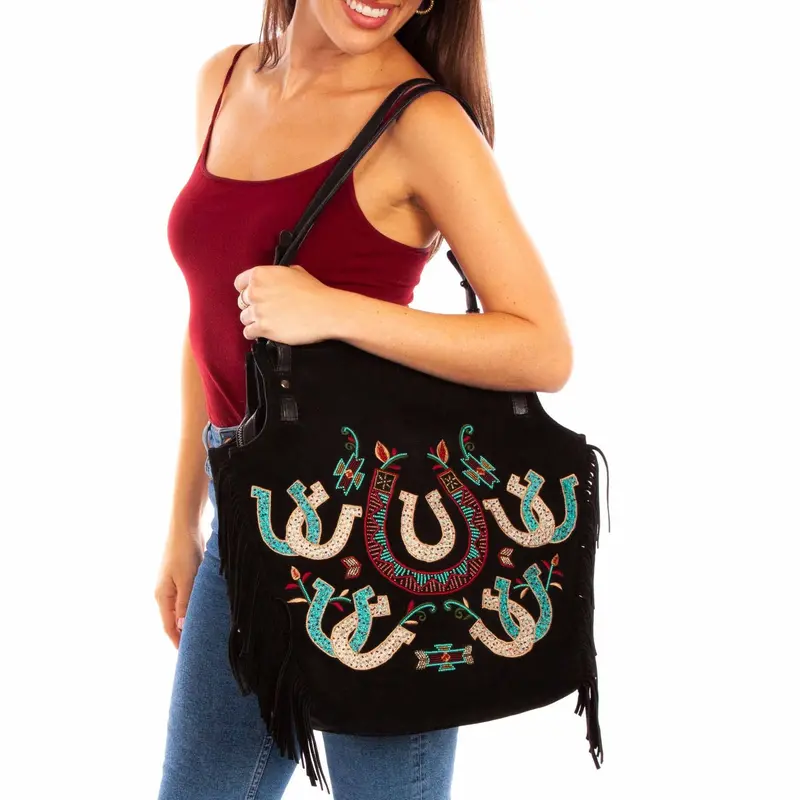 Large Black Fringe Suede Handbag Embroidered Tote At Bourbon Cowgirl 1