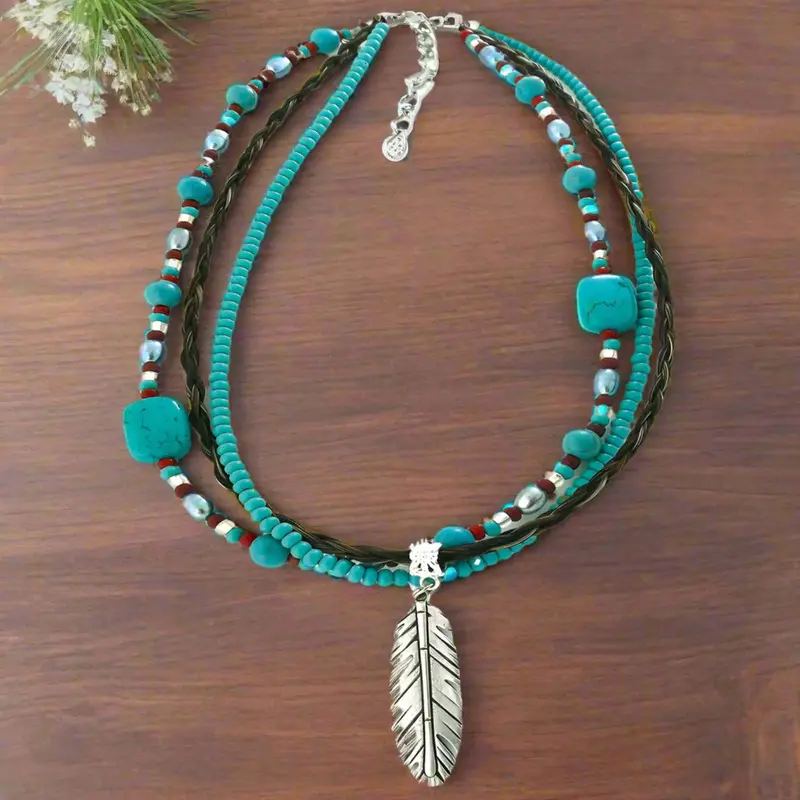 Mariah Horsehair Necklace With Turquoise And Feather 1