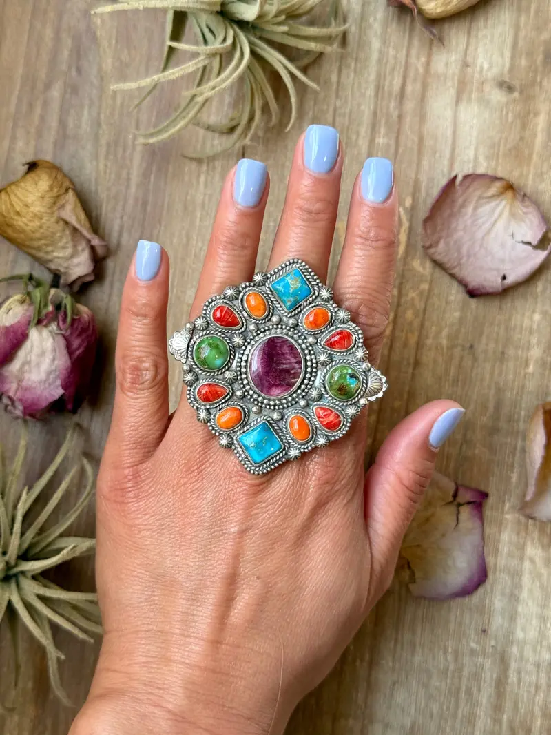 Mosaic Cluster Ring – Sterling Silver – Sonoran Mountain, Blue Ridge Turquoise & Spiny Oyster – Size 9 – Artist Shay Pfeiffer 1