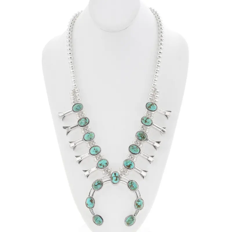 Natural Sonoran Gold Turquoise Sterling Navajo Squash Blossom Necklace 1
