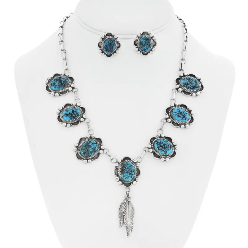 Navajo Kingman Turquoise Silver Y Necklace Set With Earrings 1