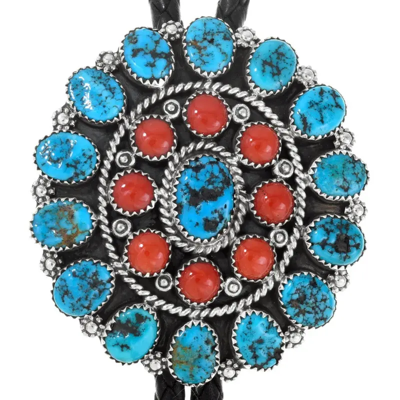 Navajo Natural Turquoise Coral Cluster Silver Bolo Tie Sterling 1
