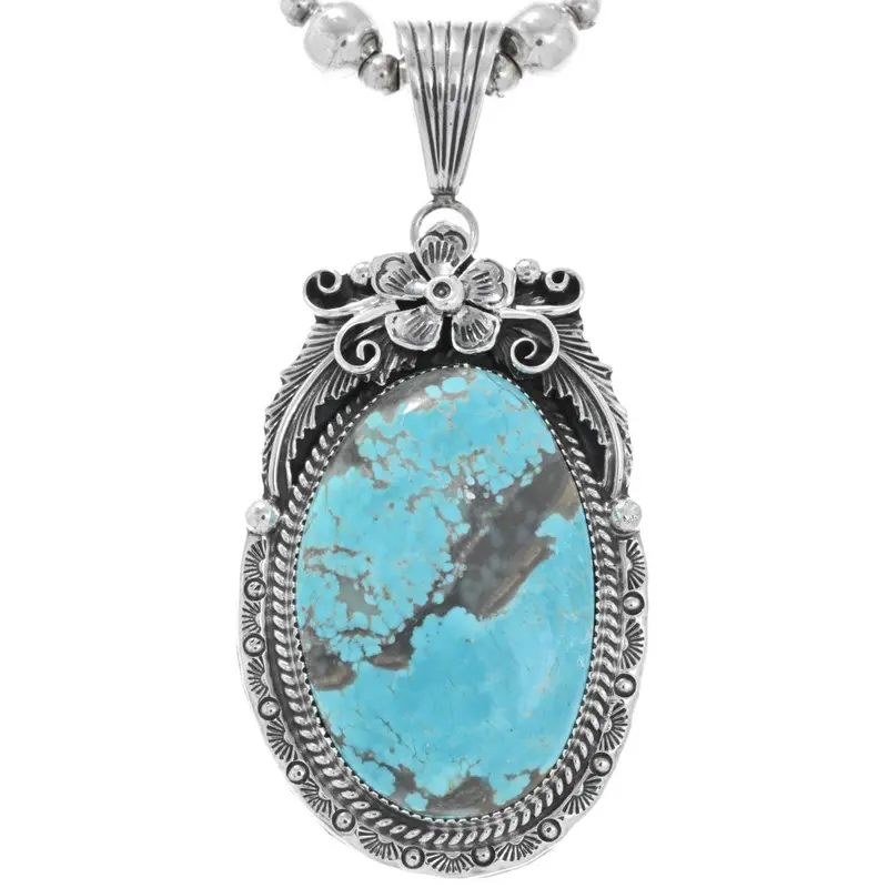 Navajo Number Eight Turquoise Floral Sterling Pendant With Bead Necklace 1