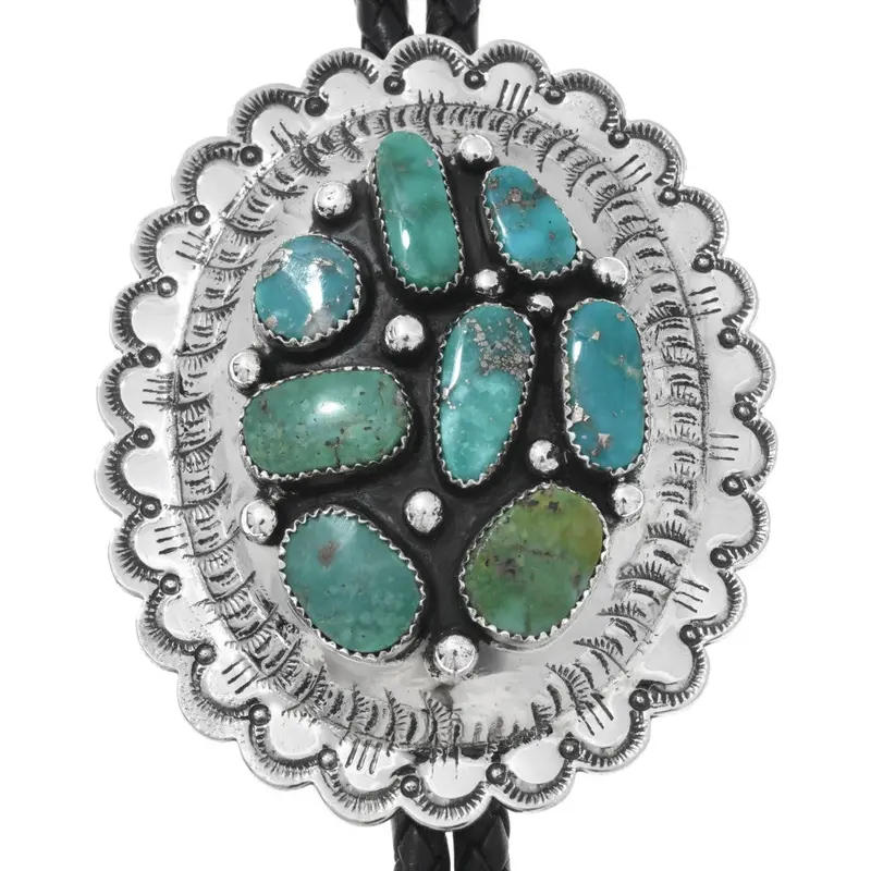 Navajo Turquoise Cluster Silver Bolo Tie Hand Hammered Concho 1