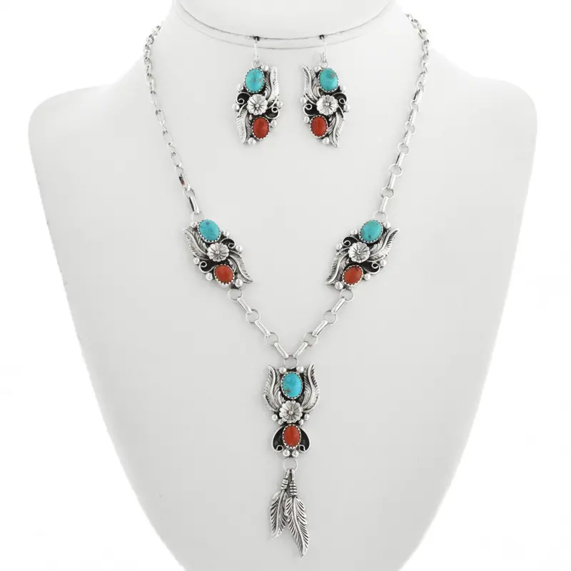 Navajo Turquoise Coral Necklace Earring Set Feather Dangles 1