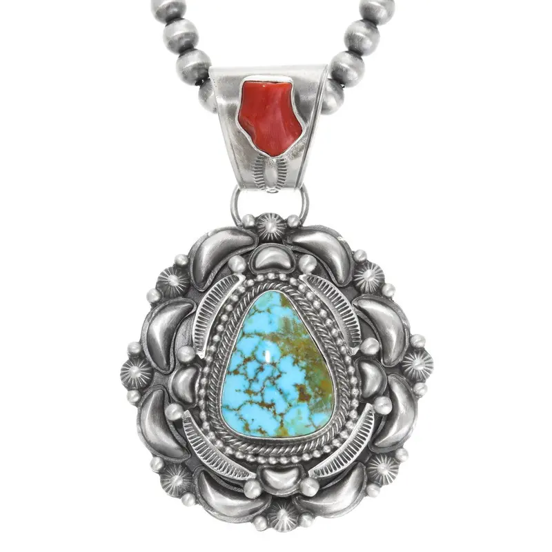 Navajo Turquoise Coral Silver Pendant Necklace By Tom Lewis 1