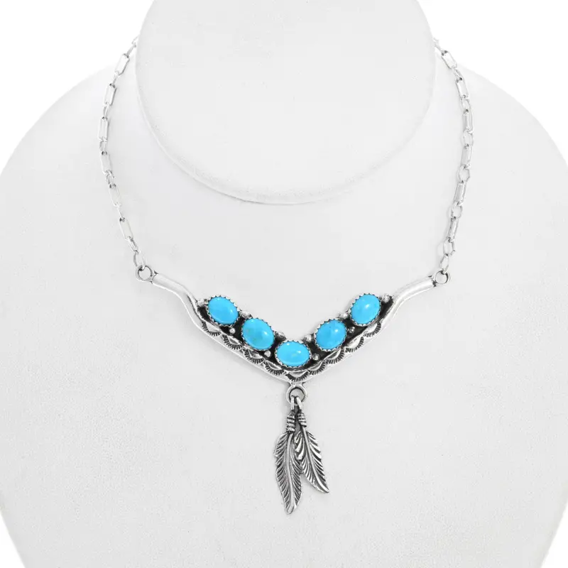 Navajo Turquoise Silver Feather Necklace Sterling Vee Links Design 1