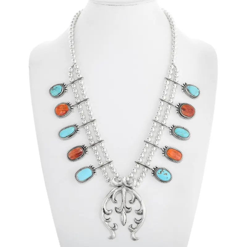 Navajo Turquoise Spiny Oyster Squash Blossom Necklace 1