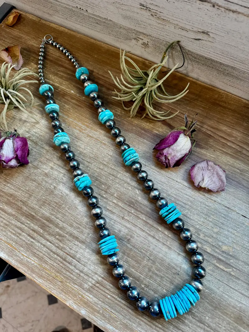 Nfr Collection Necklace – 35 Inch Long 8Mm & 14Mm Sterling Silver Pearls With 20Mm Turquoise Rondelle 1