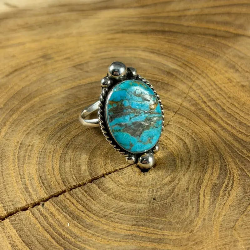 Oval Turquoise Silver Ball Adjustable Ring By Boho Sol 1
