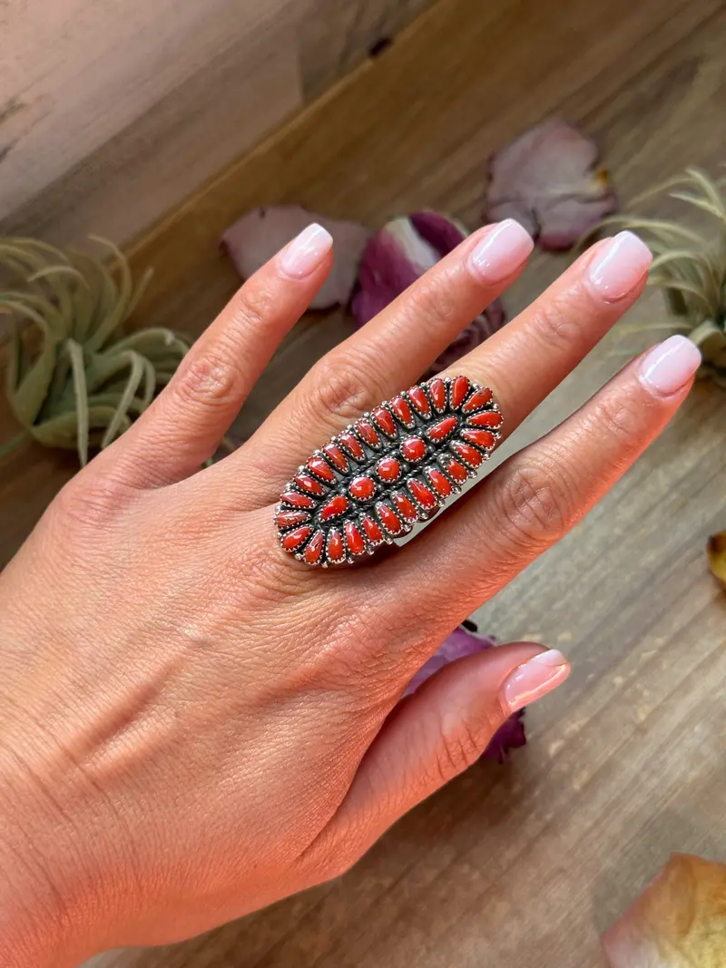 Red Coral Cluster Sterling Silver Ring – Size 9 1