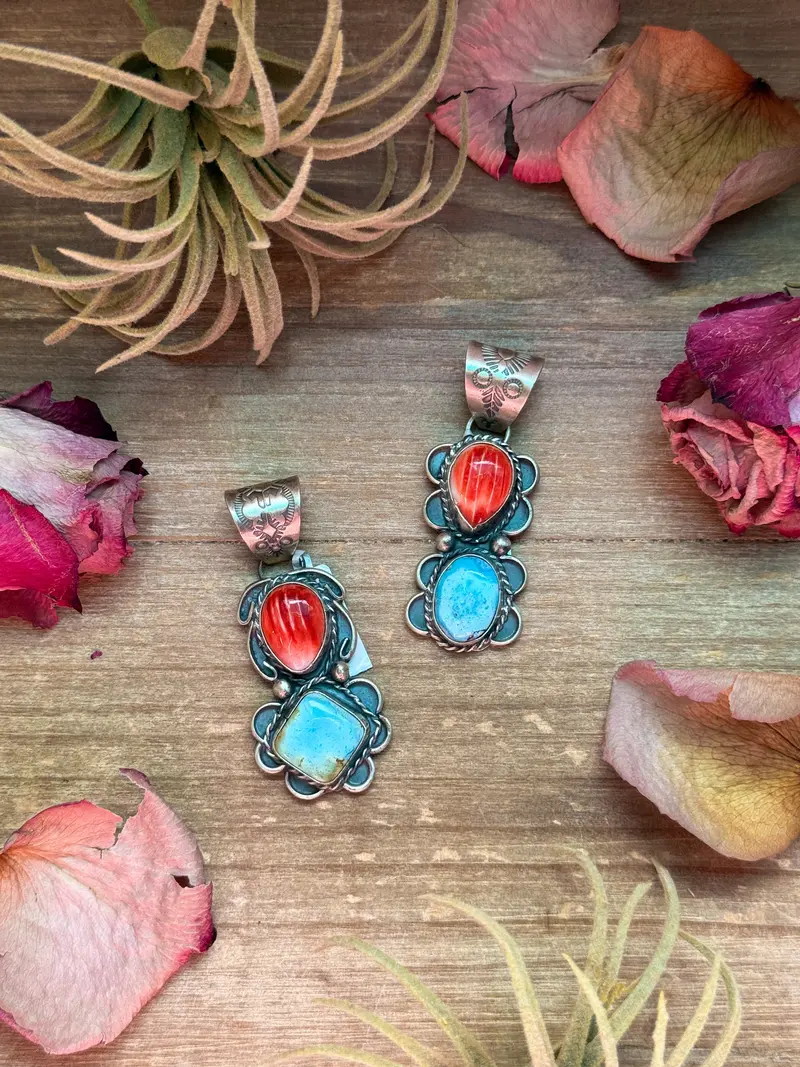 Red Spiny Oyster & Golden Hills Turquoise Sterling Silver Pendant – Stamped Gilbert Nez 1