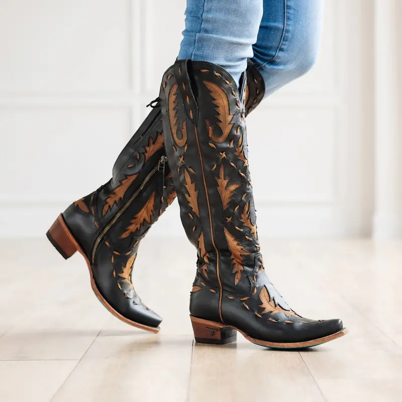 Reverie Knee High Tall Snip Toe Black & Brown Cowboy Boots| Bourbon Cowgirl 1