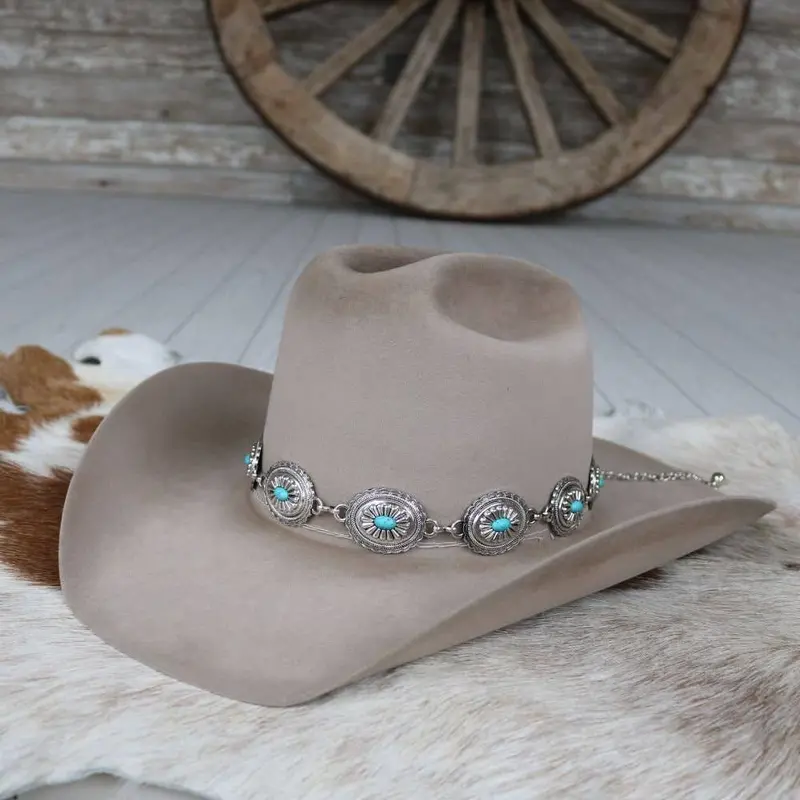 Silver Concho Chain Hat Band Turquoise Stone, Strider 1