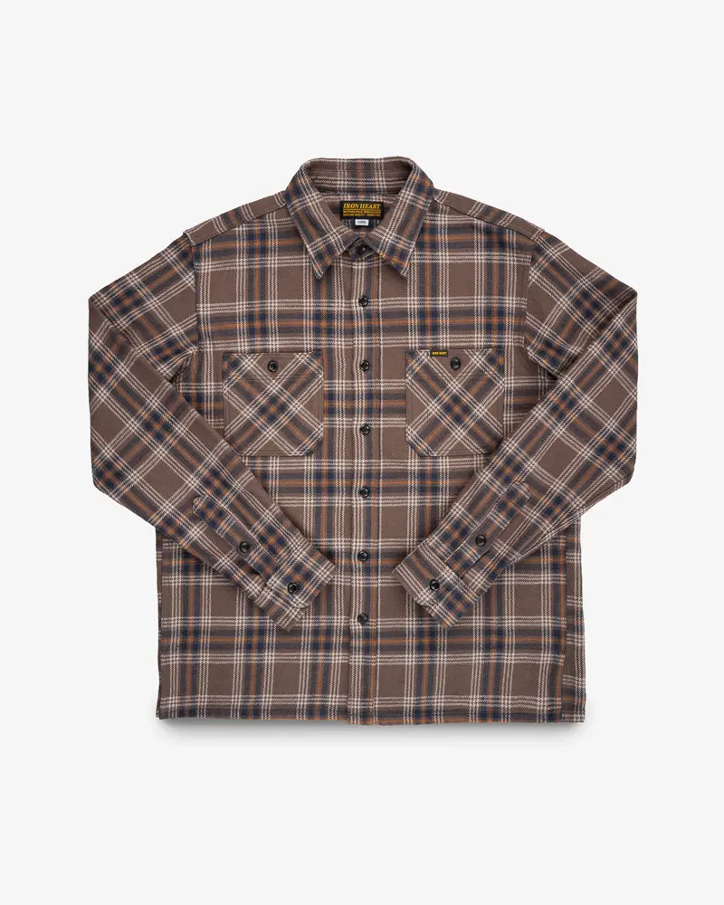 Slubby Heavy Flannel Check Work Overshirt - Brown 1
