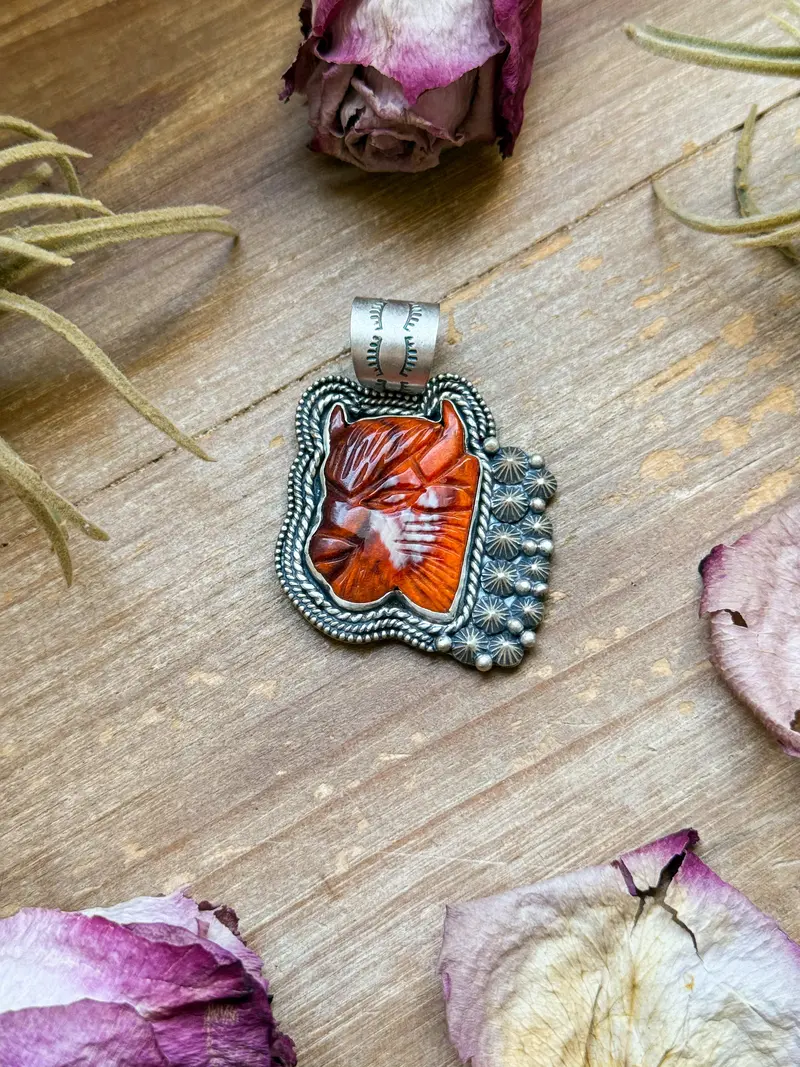 Sterling Silver Autumn Spiny Oyster Buffalo Pendant – Handmade By Artist Shay Pfeiffer 1