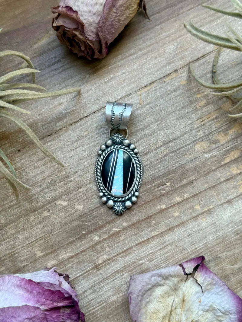 Sterling Silver Black Micarta & Lab Opal Inlay Pendant – Handmade By Artist Shay Pfeiffer 1