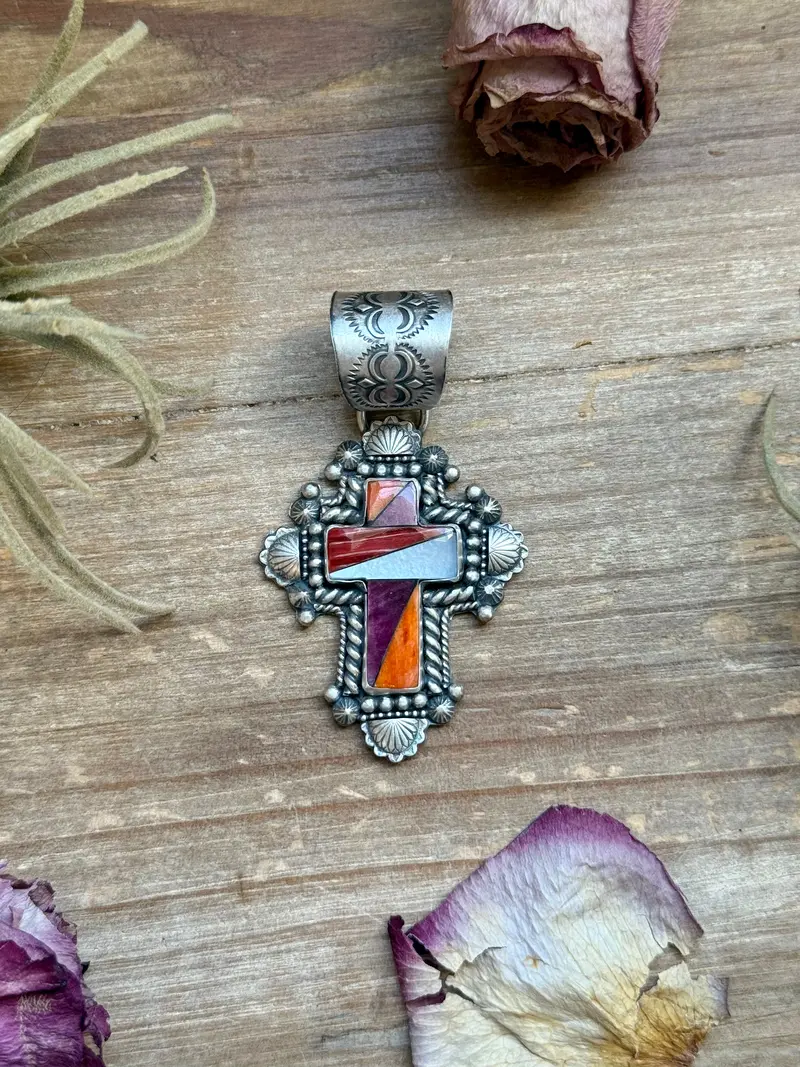 Sterling Silver Multi-Stone Inlay Cross Pendant – Mother Of Pearl & Spiny Oyster – Handmade By Artist Shay Pfeiffer 1