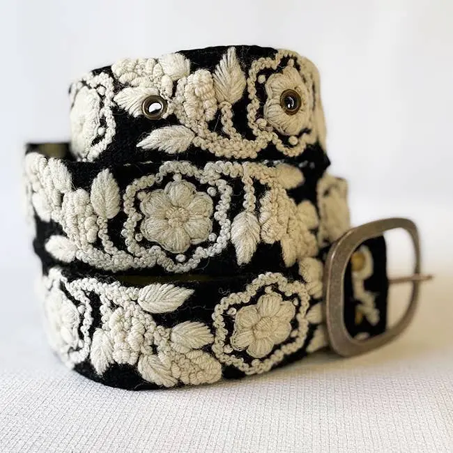 Two-Tone Embroidered Wool Belt, Black & Creamy White By Jenny Krauss 1