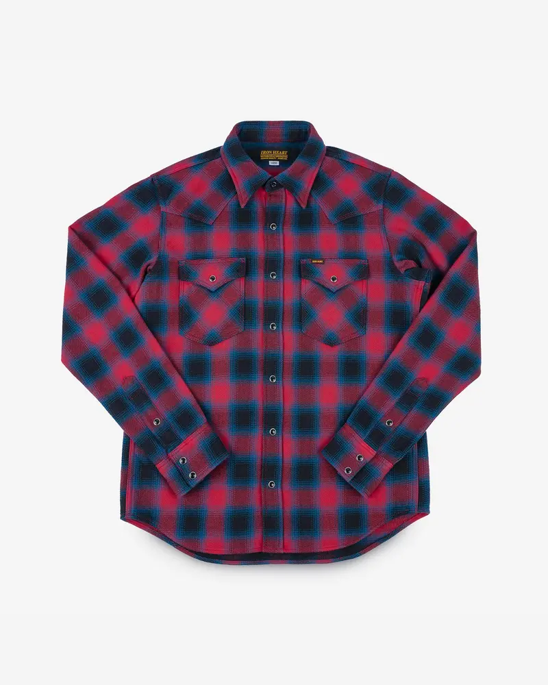 Ultra Heavy Flannel Ombré Check Western Shirt - Red 1
