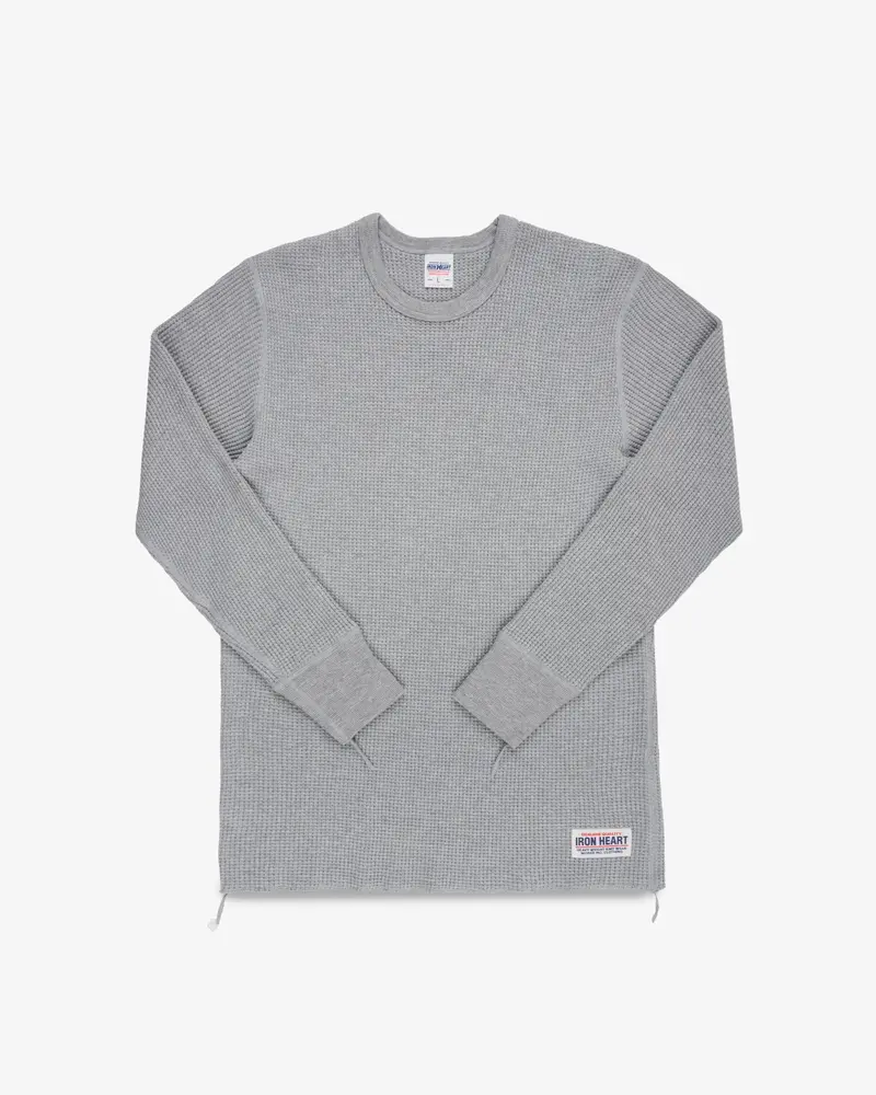 Waffle Knit Long Sleeved Crew Neck Thermal Top - Grey 1