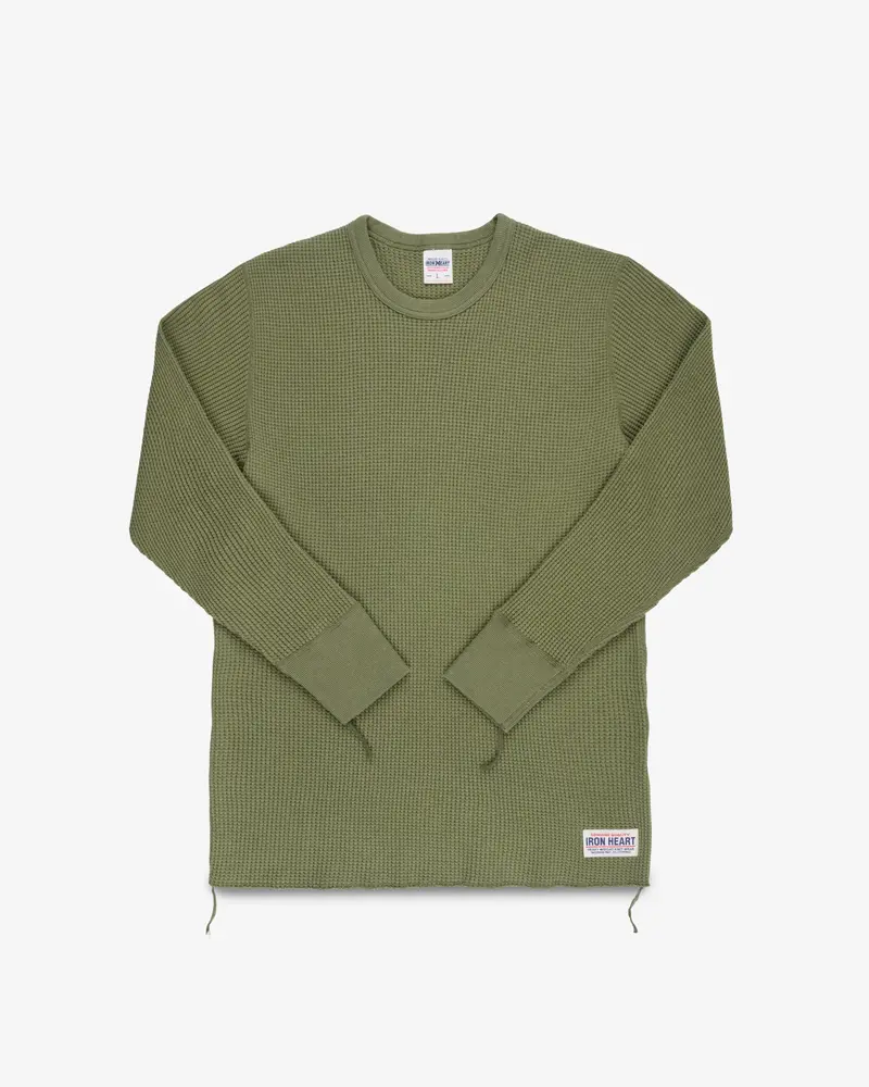 Waffle Knit Long Sleeved Crew Neck Thermal Top - Olive 1