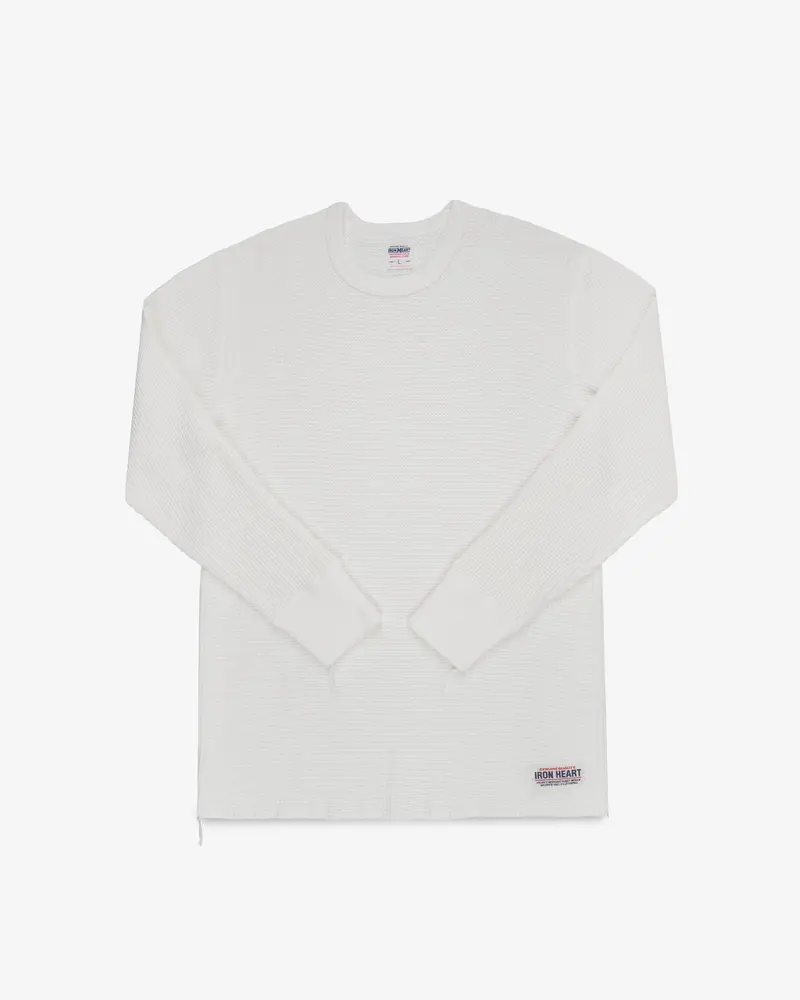 Waffle Knit Long Sleeved Crew Neck Thermal Top - White 1